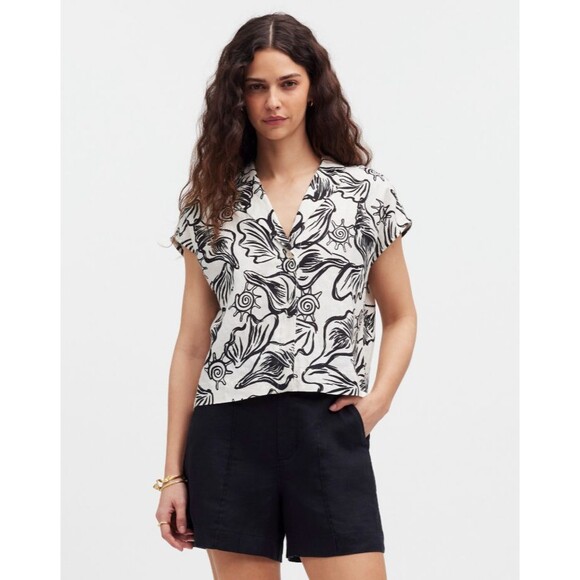 Madewell Tops - Madewell Large Boxy Cap Sleeve Shirt 100% Linen in Lighthouse Button Front EUC